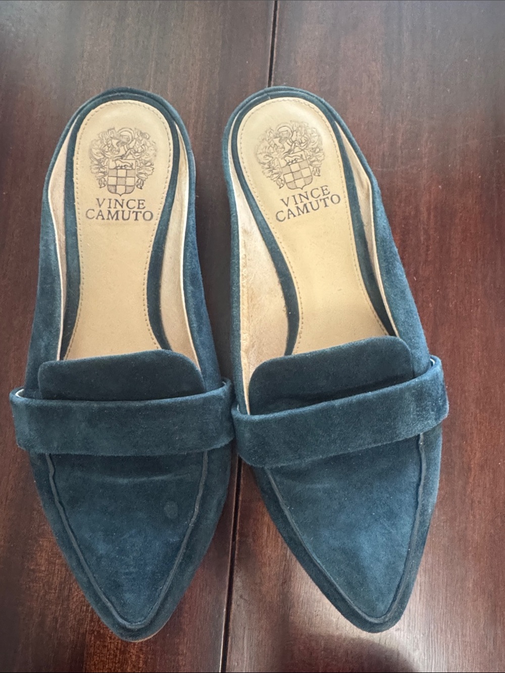 Vince Camuto Teal Suede Pointed-Toe Loafer Mules